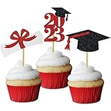 Glitter Graduation Cupcake Toppers Red Party Decorations Class of Congrats Cake Picks Supplies 24 Pa