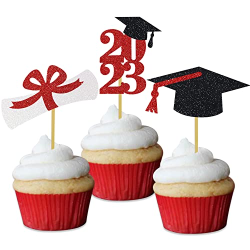 Glitter Graduation Cupcake Toppers Red Party Decorations Class Of Congrats Cake Picks Supplies 24 Pack #TOP5