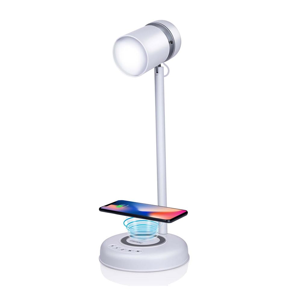 Grundig Lampa biurkowa LED 3 w 1 - technologia Qi - bezprzewodowa ładowarka do telefonu komórkowego - głośnik Bluetooth - 4 nóżki - biała