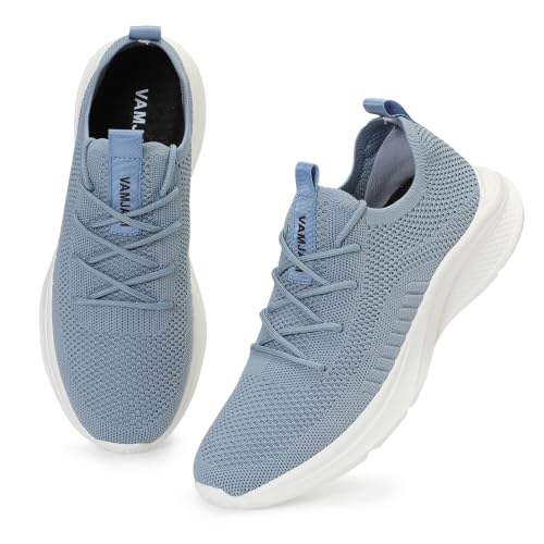 Image of Men's Running Shoes Fashion Sneakers - Lightweight Breathable Flying Knitting Lace Up Mesh Walking Shoes Workout Casual Sports Shoes Light Blue Size 10