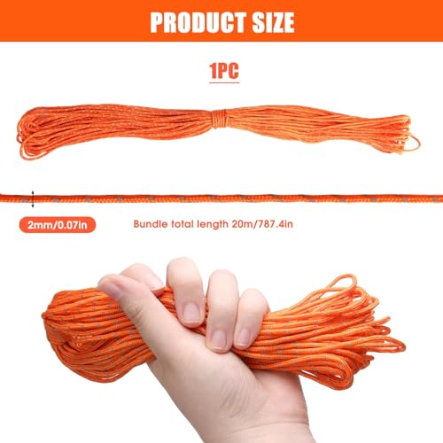 Clydewy Camping Rope Reflective Tent Guy Ropes 2mm Diameter 65 Feet Orange for Outdoor Camping Hiking Awning Tents