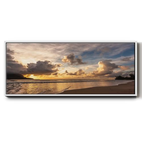 Renditions Gallery Floater Framed Wall Art For Home The Cloudy Sunset on Beach Artwork Print Decorations for Lounge Drawing Room Balcony - 8"x20" White Frame LT611