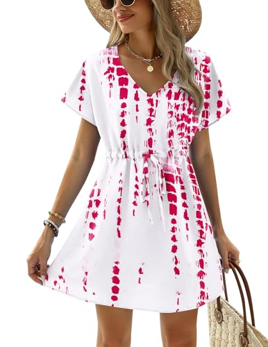 Image of Ekouaer Womens Swimsuit Coverup Short Sleeve Beach Cover Up Dress V Neck Bikini Beachwear