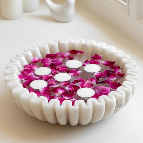 Image of Marble Urli Bowl for Decoration | Big Potpourri Decorative Bowls in Home decor | Large White Floating Flower Plates of Stone | Small Shape puja Item | (12 inch, Ruffle)