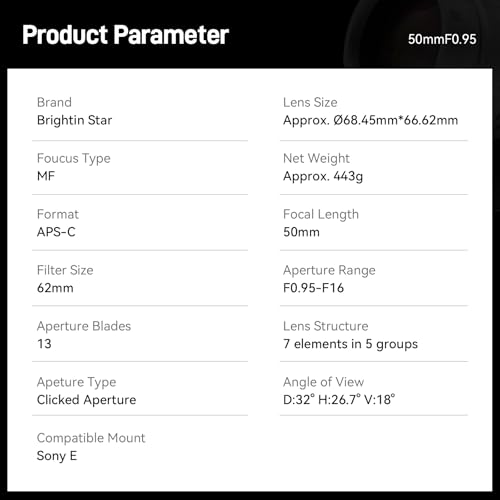 Brightin Star 50mm F0.95 f/0.95 APS-C Mirrorless Camera Lens for Sony EF Mount A6700 A6600 A6500 A6400 ZV-E10 ZV-E10II FX30, Manual Focus Lens for Portrait Night Photography