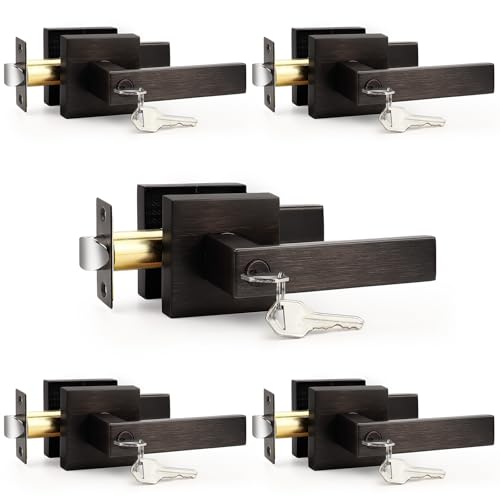 Probrico 5 Pack Keyed Entry Lever Locks for Exterior Door and Front Door, Heavy Duty Keyed Alike Entrance Door Handles, Oil Rubbed Bronze Universal Handing Hardware Lockset
