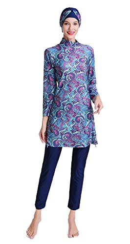 Maillot de bain musulman pour femme - Grande taille - Avec hijab islamique - Burkini - Modeste - Imprimé floral, bleu marine, Taille S Cover