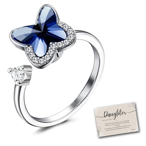 To My Daughter - Butterfly Ring Girl Ring, Premium Butterfly Rings For Women, Cubic Zirconia Ring Anxiety Ring, Fidget Rings for Girl, Adjustable Open Ring, Butterfly Rings Jewelry for Teens
