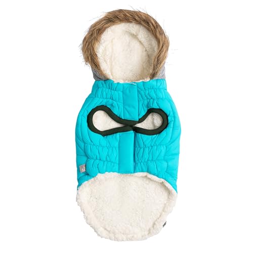 GF Pet Dog Parka Jacket Winter Sailor Warm Coat for Dogs Fleece Lined Vegan Fur Hooded Bodywarmer - Aqua - Medium - Image 2