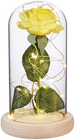 Uonlytech Enchanted Rose in Glass Dome with Lights, Beauty and the Beast Rose Artificial Flowers, Forever Rose for Valentines Day Mothers Day Anniversary Wedding Gifts, Yellow