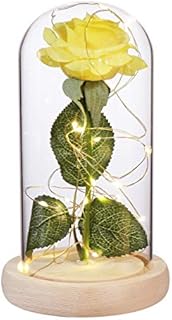 Uonlytech Enchanted Rose in Glass Dome with Lights, Beauty and the Beast Rose Artificial Flowers, Forever Rose for Valentines Day Mothers Day Anniversary Wedding Gifts, Yellow