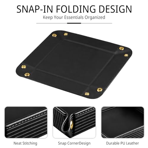 Image of YAPISHI Light Luxury Valet Tray for Men, PU Leather Vanity Jewelry Tray & Decorative Perfume Catchall, Folding Travel EDC Dump Tray, Nightstand Organizer Caddy for Keys, Watches, Coin Bowl Dish