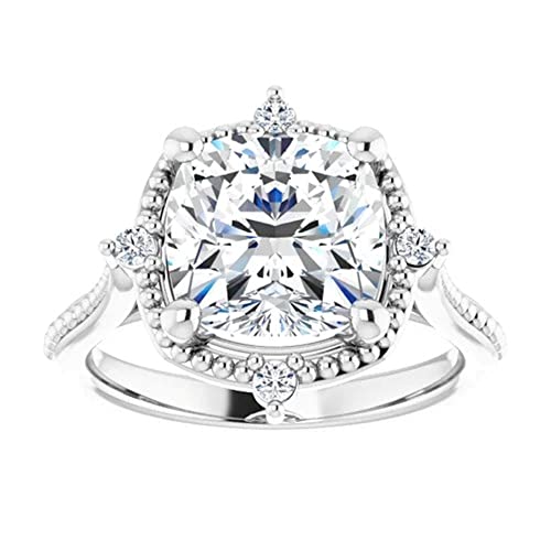 4 Ct Cushion Cut Colorless Moissanite Halo Doted Engagement Ring, Wedding/Bridal Ring Set, Solitaire Style, Solid Sterling Silver Vintage Antique Anniversary Promise Ring Gift For Her (9.5) #TOP3