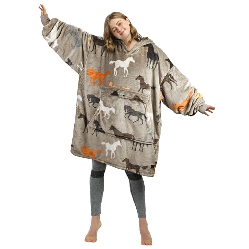 Catalonia Horse Print Oversized Blanket Hoodie Sweatshirt, Wearable Fleece Pullover