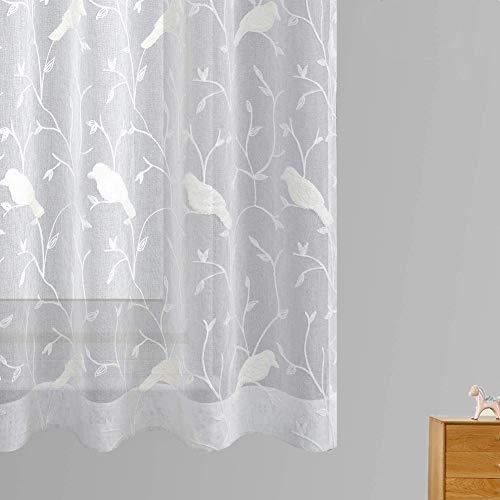 Alifish 1 Panel Birds And Trees Embroidered Ivory Sheer Curtains Linen Look Country Style Voile Yarn Gauze Drape Panels For Kids Room Living Room W39 X L63 Inch #TOP4