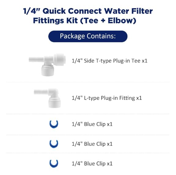Image of Membrane Solutions 1 /4 inch Quick-Connect T33 Inline Water Filter with Fittings | Post Carbon Filter with Push-to-Connect Stem Elbow & Tee Fittings for Undersink Reverse Osmosis Systems