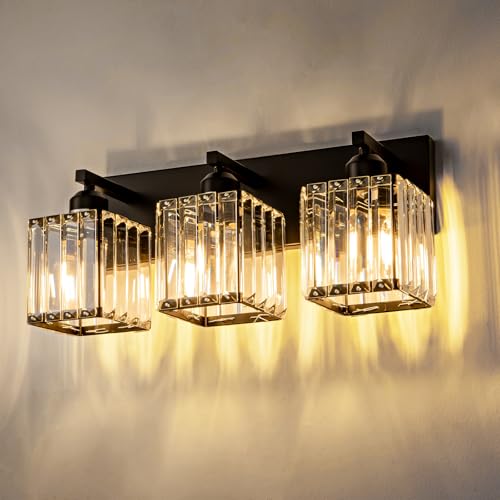 Aixialin Black Bathroom Vanity Light 3 Lights, Crystal Bathroom Wall Light Fixtures Modern Vanity Light Over Mirror (Exclude Bulb)