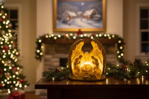 Image of Illuminated Angel Wings Holy Family LED Tea Light - Warm Glow ECO Friendly Home Decor (Gold)