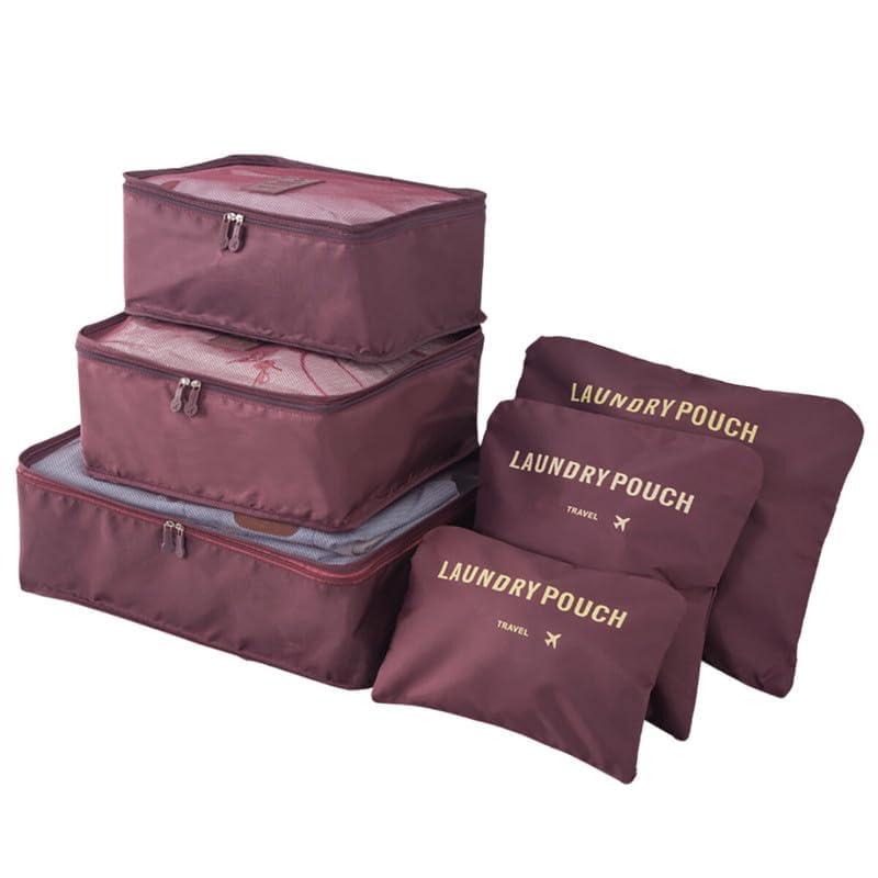 Image of 6 in 1 Polyester Secret Pouch Travel Bag Packing Cubes Laundry Bag with Undergarments & Cloth Storage Organizer Travelling Set /Suitcase Cloth Cube Bag (BROUN 6 in 1 Travel Bag)