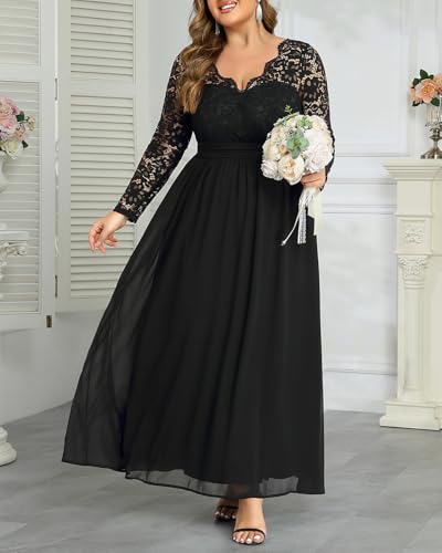 Image of Talisea Plus Size Formal Wedding Dresses - Gowns Evening Prom Elegant V Neck Long Sleeve Lace Chiffon Long Maxi Dress