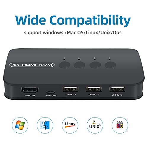 DGODRT HDMI KVM Switch, USB KVM Selector for 4 Computers Sharing 1 Monitor and 3 USB Devices, Switcher Box for Mouse, Keyboard, Scanner, Printer