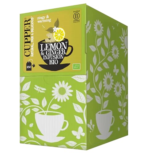 Cupper - Pack de 250 Bolsitas de Infusiones Ecológicas Supreme de Limón y Jengibre - Propiedades Refrescantes y Digestivas - Contiene Raíz de Regaliz y Cáscara de Naranja - Apto para Veganos