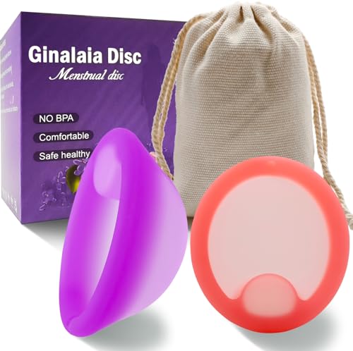 Ginalaia Menstrual Disc, Reusable Medical-Grade Silicone Soft, Flexible, Reusable Period disc for Women - Wear 12 Hours - Removal Notch (Purple+Pink, L+M)
