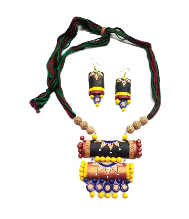 AKIBUKI Traditional Multicolor Terracotta Necklace and Earring Jewellery Set for Women With Face Locket (BLACK) (B0B4WFWLCF) Amazon Price History, Amazon Price Tracker