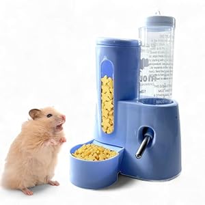 Hamster Water Bottle Stand with Food Bowl, 2 in 1 Automatic Water Bottle No Drip and Food Dispenser, Hamster Cage Accessories, Rat Enrichment Toys, Guinea Pig Accessories for Cage (Blue, 125ml)