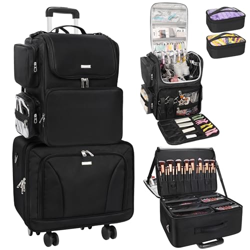 MONSTINA Rolling Makeup Train Case on Wheels, Hair Stylist Backpack Hairdresser Cosmetology Bag Cosmetology Case with 6 Small Bag Professional Cosmetics Beauty Hairdresser Bag(Black+Backpack)