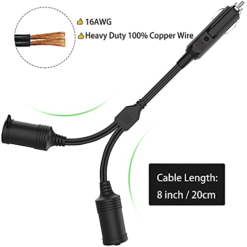 Warmstor Car Cigarette Lighter Splitter Adapter 2 Socket, 1 To 2 Dc 12V 24V Cigarette Lighter Power Charger Port 2-Way Splitter, 8 Inch Spt-2 16Awg Extension Cord Cable Wire With 15A Fuses #TOP3