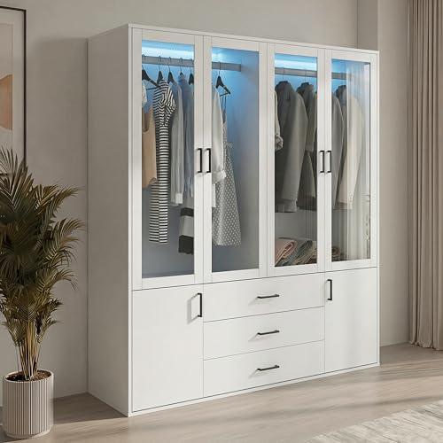 Henunem Armoire Chambre avec éclairage LED,Armoire 6 Portes et 3 tiroirs Armoires 180 cm Meuble de Rangement avec 3 tiroirs Armoires de Rangement Chambre...