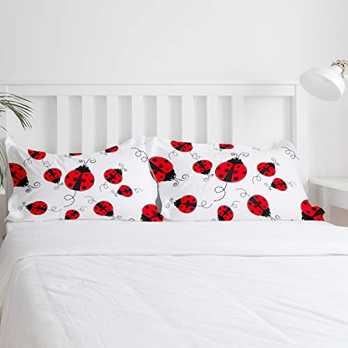 4 Pieces Duvet Cover Bedding Set- 1 Duvet Cover + 1 Flat Sheet + 2 Pillow Shams, Insect Theme Red Ladybugs Pattern Comforter Cover Queen Size For Kids/Adults #TOP4
