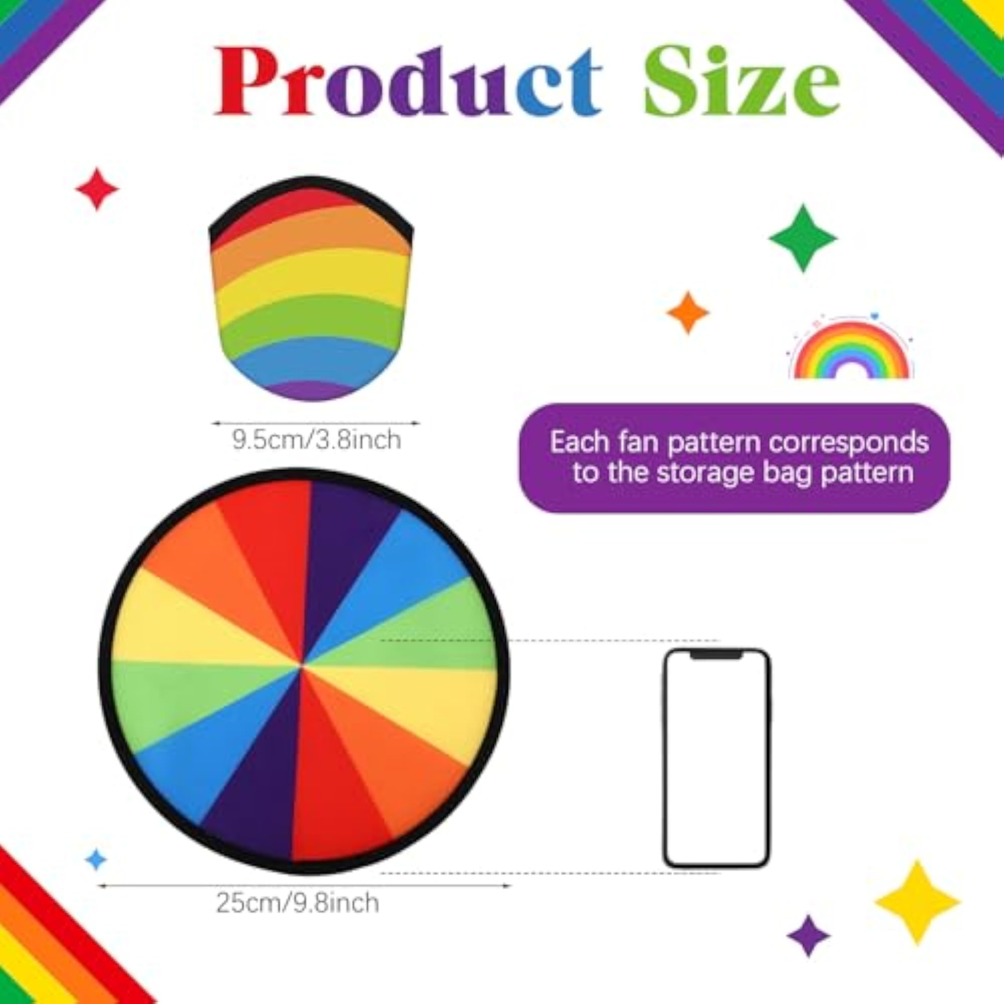 Foldable Flying Disc Handheld Fan with Bag, Rainbow Color