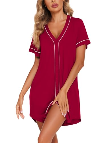 Image of Ekouaer Womens Nightgown Button Down Sleep Shirts Short Sleeve Nightshirt V-Neck Sleepdress Soft Sleepwer