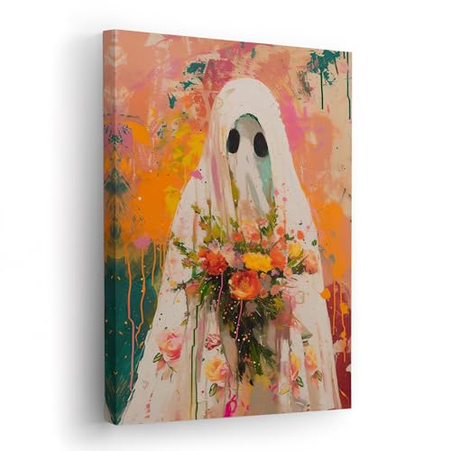 Ghost with Bouquet of Flowers Canvas Abstract Wall Art –