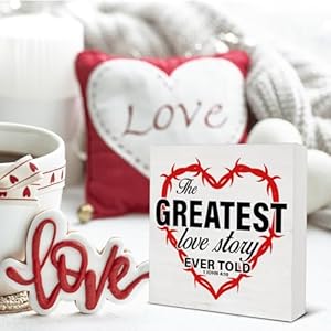 Farmhouse Religious the Great Love Story Wooden Sign Valentine's Day Decorations for Home Shelf Bible Verse Decor Farmhouse Religious the Great Love Story Wooden Sign Valentines Day Decorations for Home Shelf Bible Verse Decor