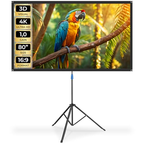 tectake® Pantalla Proyector Portatil 80 Pulgadas 16:9 Compatible con 4K, Ultra HD, Full HD, con Trípode Regulable, Pantalla Proyector Enrollable con Tela sin Arrugas   77 x 184 x 204 cm