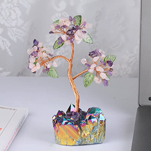 Nupuyai Amethyst & Rose Quartz Crystal Money Tree with Rainbow Titanium Crystal Base - Image 3