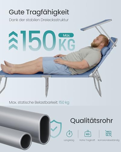 SONGMICS Sonnenliege, klappbarer Liegestuhl, 193 x 53 x 29 cm, trägt bis zu 150 kg, Sonnenschutz, Kopfkissen, verstellbare Rückenlehne, für Garten, Pool, Terrasse, blau GCB192Q01