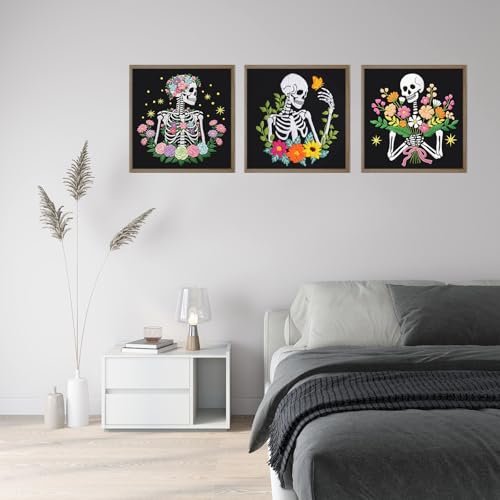 Image of Louise Maelys 3 Pcs Halloween Embroidery Kit for Beginners, Skeleton Floral Spooky Handmade Set with Hoop, Printed Fabric and Instruction, Needlework DIY Craft for Adults