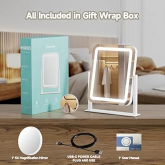 PRIMETEK Vanity Mirror with Lights, 16"x14" Large LED Lighted Makeup Mirror, Hollywood Makeup Mirror, Touch Screen, 3-Color Lighting, 5X Magnification, for Vanity Desk Tabletop, Bedroom, White