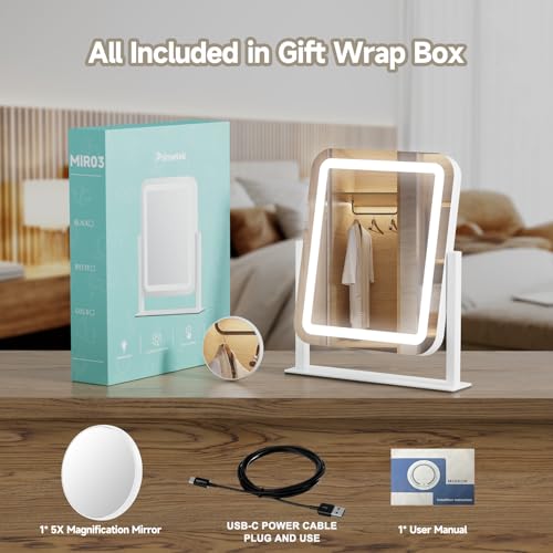 PRIMETEK Vanity Mirror with Lights, 16"x14" Large LED Lighted Makeup Mirror, Hollywood Makeup Mirror, Touch Screen, 3-Color Lighting, 5X Magnification, for Vanity Desk Tabletop, Bedroom, White