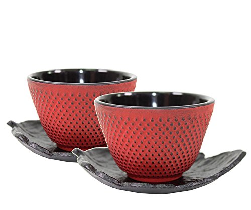 2 Sado Black Leaf Teacup Saucer+2 Red Polka Dot Hobnail Japanese Cast Iron Tea Cup Teacup by We pay your sales tax - Used condition - US$10.54
