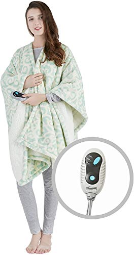 Beautyrest Ultra Soft Sherpa Berber Fleece Electric Poncho Wrap Blanket Heated Throw With Auto Shutoff, 50 In X 64 In, Dusty Blue Lattice #TOP2