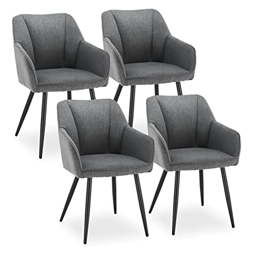 CLIPOP Esszimmerstühle 4er Set Leinen Küchenstuhl Polsterstuhl mit Armlehne und Metall Beine, Retro Design Armlehnstuhl Sessel für Wohnzimmer Esszimmer (4er, Leinen Dunkelgrau)