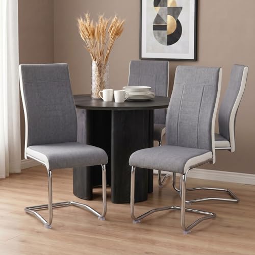 IDIMEX Lot de 4 chaises de Salle à Manger ou Cuisine Alba avec Assise rembourrée et piètement chromé, revêtement en Tissu Gris et Blanc