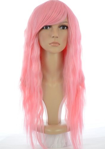 Nicki Minaj Style Long Pink Crimped Wig | Pink Wavy Rock Chick Wig | Contrast Straight Side Bangs