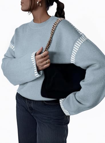 Image of Dokotoo Sweaters for Women Fashion Solid Crewneck Loose Fit Long Sleeve Contrast Cable Knit Pullover Sweater Jumper Tops