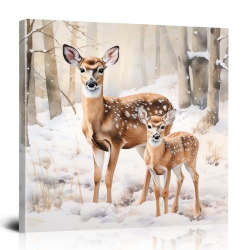 Wall Art Canvas for Living Room, Animal Wall Art Featuring a Tender Mother Deer and Fawn in Snowy Forest, Warm Wildlife Oil Painting with Soft Gray White Tones and Cozy Atmosphere, Modern Wall Art for Office Entryway Bedroom (B, 16×16 inch)